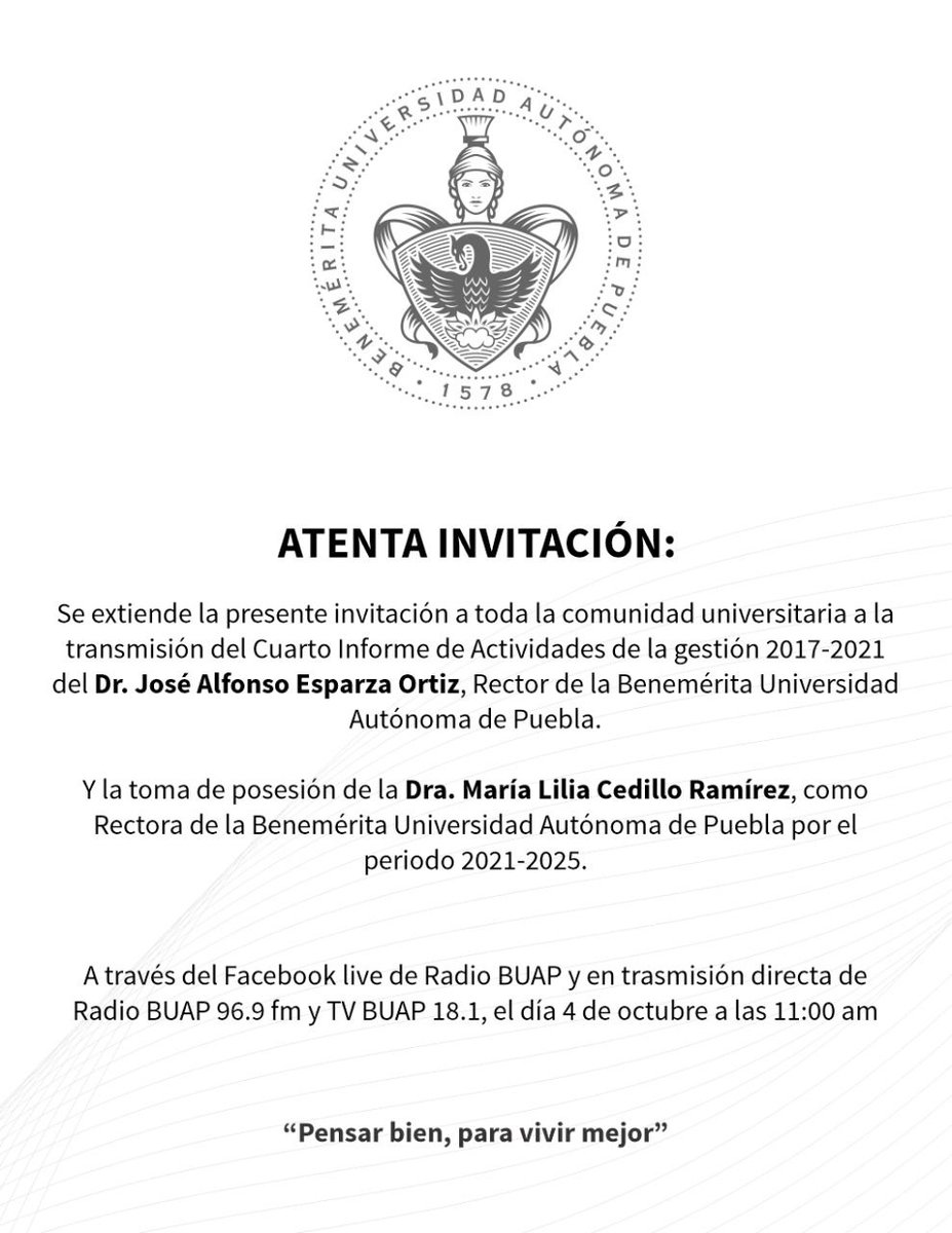 FAC_CULTURA_FIS's tweet photo. 4 de octubre informe de nuestro rector. Esperamos la asistencia de toda la comunidad #FACUFI, a través de los medios electronicos
🗓 4 de octubre 2021
🕚 11:00 horas 
🖥 Facebook de Radio BUAP y TV BUAP
📡 TV BUAP, canal 18.1 | 118 de Megacable https://t.co/McilvMgxqW https://t.co/YQRPieOS7I