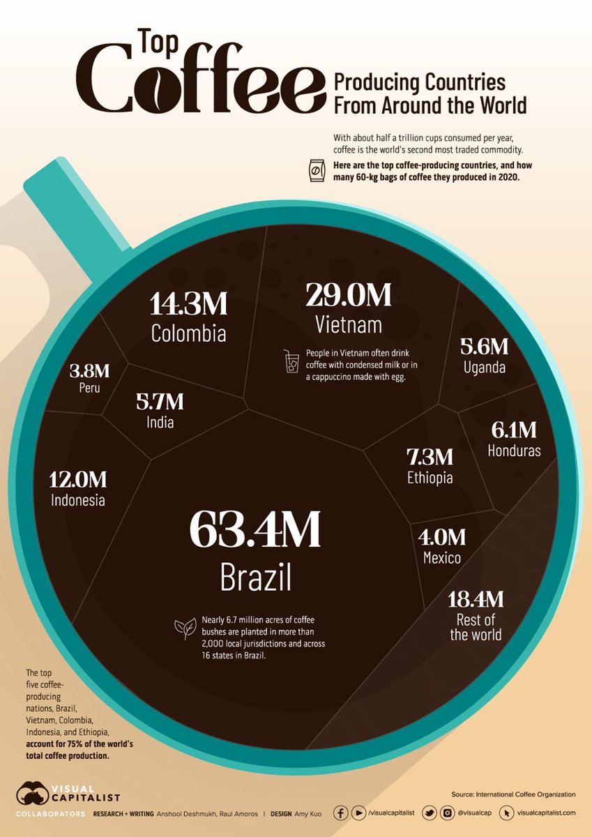 ValaAfshar's tweet image. The world’s largest coffee producers ☕️ 🇧🇷🇻🇳🇨🇴🇮🇩🇪🇹🇭🇳🇮🇳🇺🇬🇲🇽🇵🇪