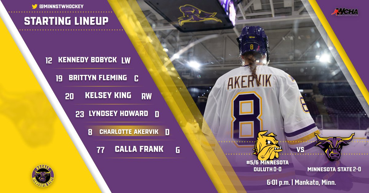 MinnStWHockey's tweet photo. Puck has dropped! Here are the starters for your Minnesota State Mavericks as they take on the Bulldogs in Mankato, Minnesota. 
#HornsUp #MavFam https://t.co/eVwzm3VEDZ