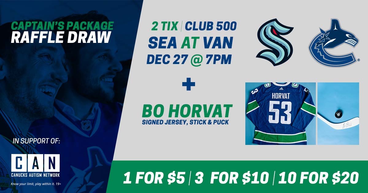 Support our friends <a href="/canucksautism/">Canucks Autism Network</a> &amp; enter the #CANProAm Raffle! Be here for the first home game vs the #Kraken. Win a signed jersey package from 
<a href="/BoHorvat/">Bo Horvat</a>!
🎟️canproam.ca/raffle

𝘔𝘶𝘴𝘵 𝘣𝘦 19+ 𝘢𝘯𝘥 𝘸𝘪𝘵𝘩𝘪𝘯 𝘉𝘊.