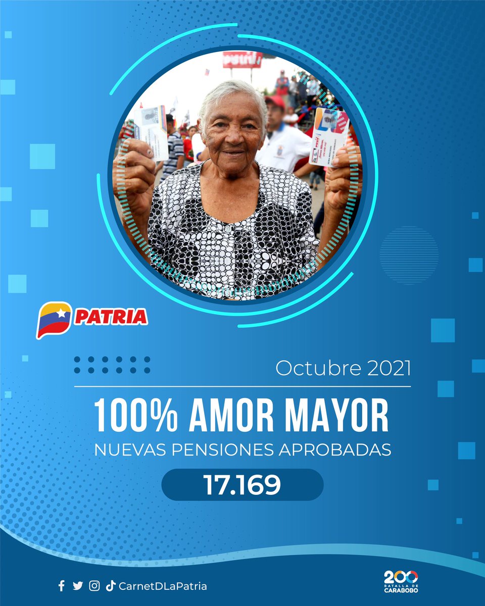 #IMPORTANTE El Pdte. @NicolasMaduro aprobó la asignación de 17 mil 169 nuevas pensiones de la Gran Misión en #AmorMayor. El #CarnetDeLaPatria es el abrazo amoroso de la Revolución para la protección de l@s venezolan@s. #1Oct #OctubreHitoDeVivienda #RumboAlBolívarDigital