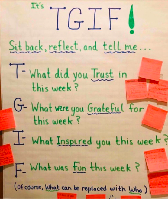 teacher2teacher's tweet photo. ⏳ Time for some Friday reflection!

T @SELebrateYOU invites her Ss to share their T.G.I.F. thoughts at the end of every week. 

How do you promote student wellness? 

#TeacherPD #BeTheOne #SELchat https://t.co/itCKBEdY9E
