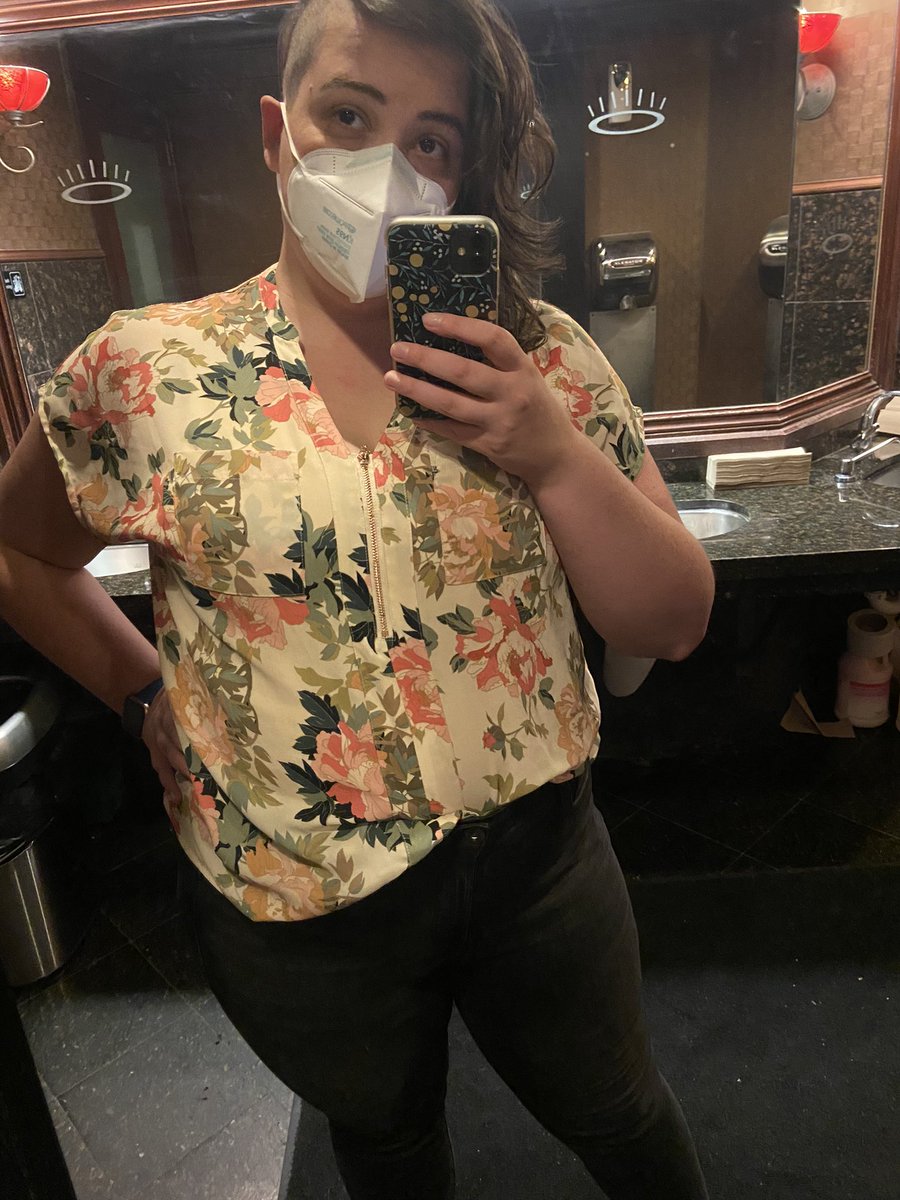 zapshazam's tweet photo. local transmasc has half a shaved head and a floral shirt and finds a bathroom with good pic lighting, more breaking news at 7 https://t.co/sgHx5uzoqh