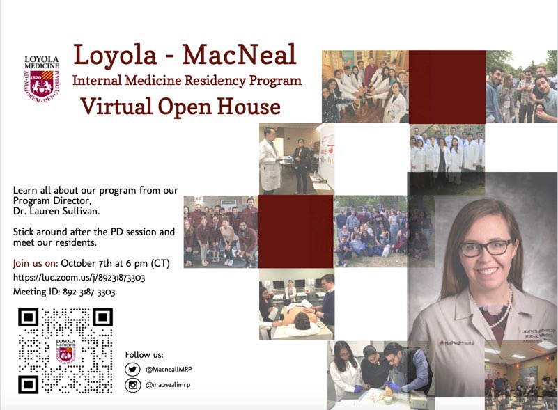 Loyola - MacNeal Internal Medicine Residency (@macnealimrp) on Twitter photo We are so thrilled to announce our 1st ever Virtual Open House. Our PD <a href="/lsulliDO/">Lauren Sullivan DO</a> will open the session with information about the program & what we look for in applicants.
Our residents will then take the floor to answer your questions!
#Match2022 #InternalMedicine #BeourGuest We are so thrilled to announce our 1st ever Virtual Open House. Our PD <a href="/lsulliDO/">Lauren Sullivan DO</a> will open the session with information about the program & what we look for in applicants.
Our residents will then take the floor to answer your questions!
#Match2022 #InternalMedicine #BeourGuest