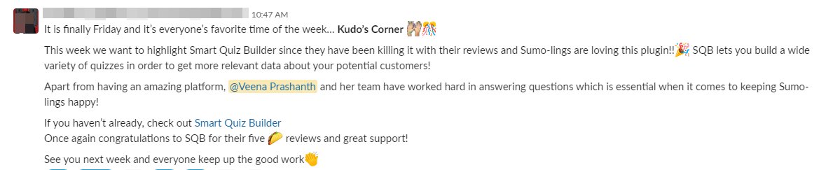 Guess who made it to <a href="/AppSumo/">AppSumo.com</a>'s Kudo’s Corner this week? 🎉🔥🥰 
"This week we want to highlight Smart Quiz Builder since they have been killing it with their reviews and Sumo-lings are loving this plugin!!"