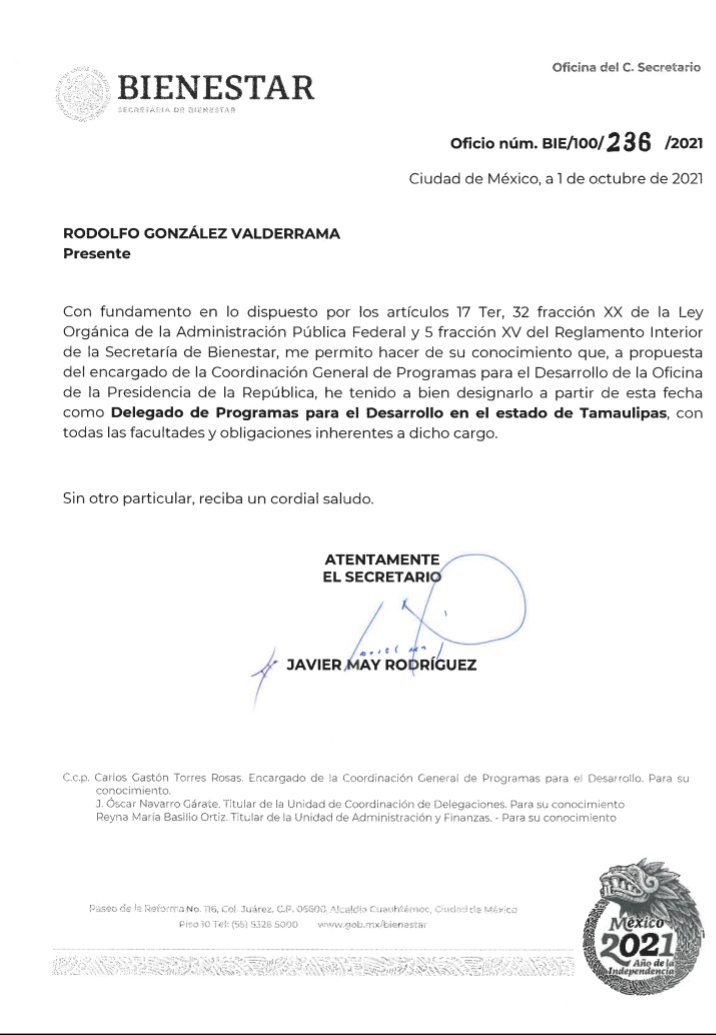 Rodolfogonval's tweet photo. Les comparto el oficio que me formaliza como Delegado de Programas Sociales en #Tamaulipas, el cual a partir de hoy ejerceré con honor, orgullo y responsabilidad para el #Bienestar del Estado. https://t.co/A1RywjJr0n