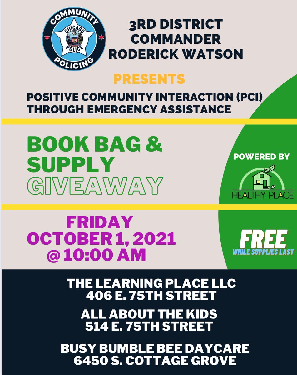 ChicagoCAPS03's tweet photo. Backpacks ๐, School Supplies ๐ Coloring Books & Cookies๐ช were given to 3 Daycares within the #3rdDistrict Thanks to Commander Watson & our Youth Liaison Officer Delbert Howell launching new "Emergency Assistance Program" #PositivePoliceInteractions https://t.co/zWrOgnkxtO