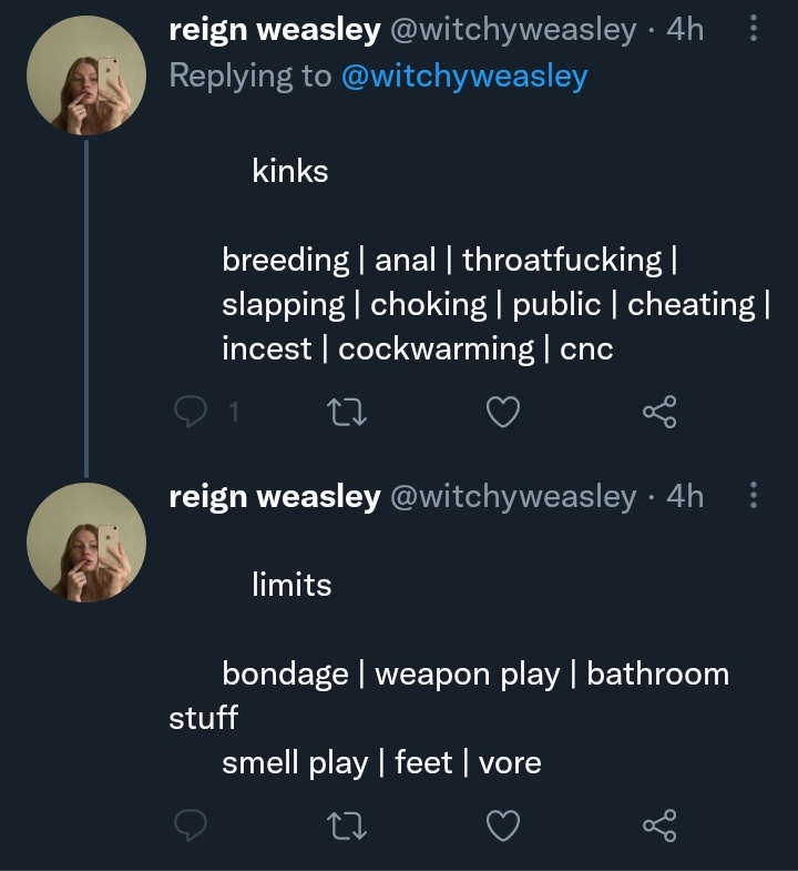 //. i hate callin' people out, but this is beyond the joke. a lewd gb ron wesley, whoever writes this character, you're fuckin' distuging. THIS IS WRONG.

if you follow and or write with this account, you're better off blocking. but, if think this is okay, kindly block me.