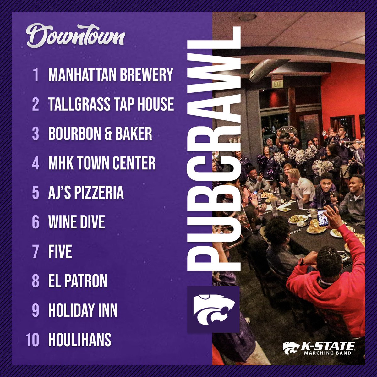 KStatePride's tweet photo. PUB CRAWL BAND IS BACK! 

Next up: Downtown!
6:40pm  
@manhattanbrew @TGTaphouse @BourbonAndBaker @ManhattanTC @AJsManhattan @houlihansmhk @winedivekitchen @fivemhk

@KStateFB x #PrideOnThree https://t.co/tueo2ODAzF