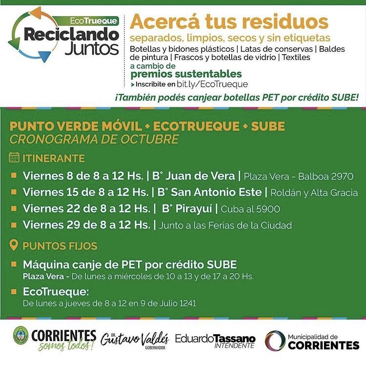 javirodriguezdf's tweet photo. ¡Bienvenido octubre! 🙌🏽♻️

Entre todos hacemos una #Corrientes más limpia y sustentable. ✊🏽💚 Participa de los servicios que ofrece la @municorrientes ! #PuntoVerdeMovil #EcoTrueque y #SUBE , conoce el cronograma del mes. 🤩 https://t.co/a9RfndVD6C