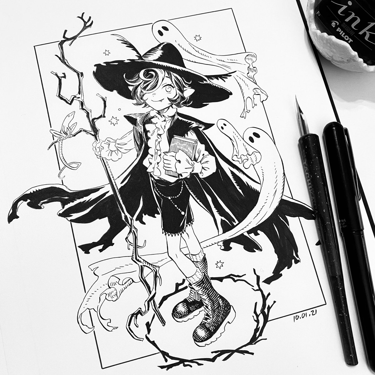 process:
1. sketch digitally 
2. trace from cintiq onto sketchbook paper
3. ink lines w g-pen, other pens
4. fill in blacks🖤 