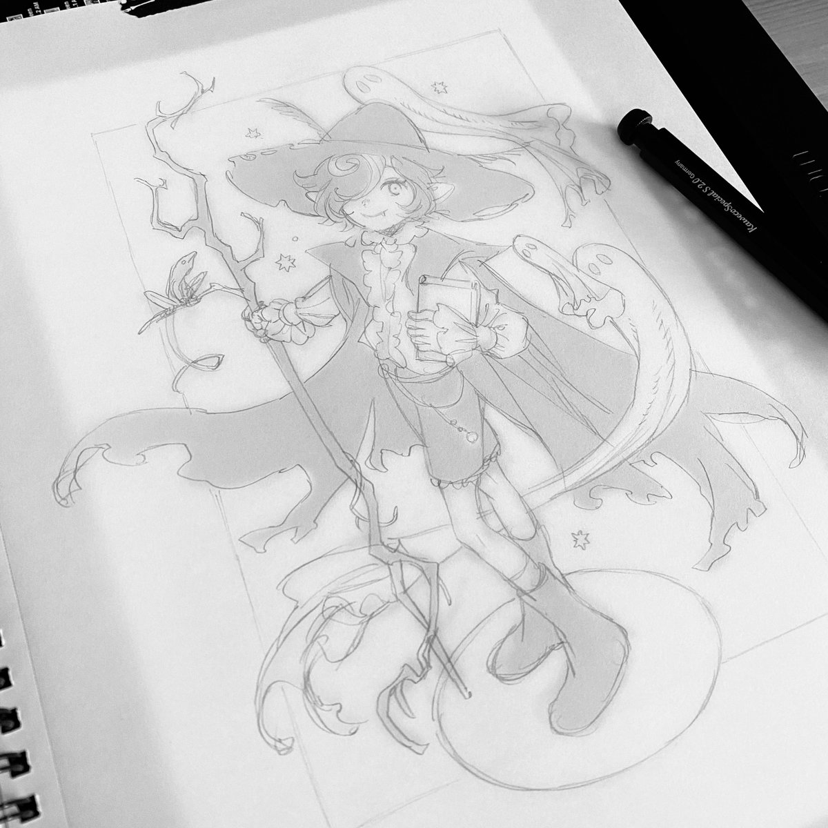 process:
1. sketch digitally 
2. trace from cintiq onto sketchbook paper
3. ink lines w g-pen, other pens
4. fill in blacks🖤 