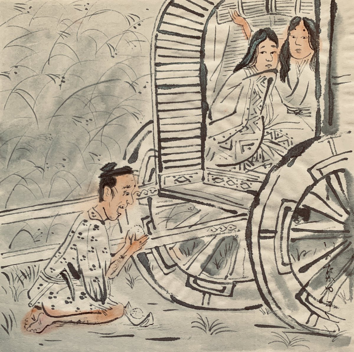 おちぶれた夫と豊かになった妻が再会する場面
「今昔物語」より。 