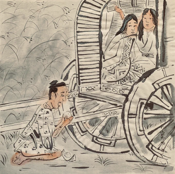 おちぶれた夫と豊かになった妻が再会する場面
「今昔物語」より。 