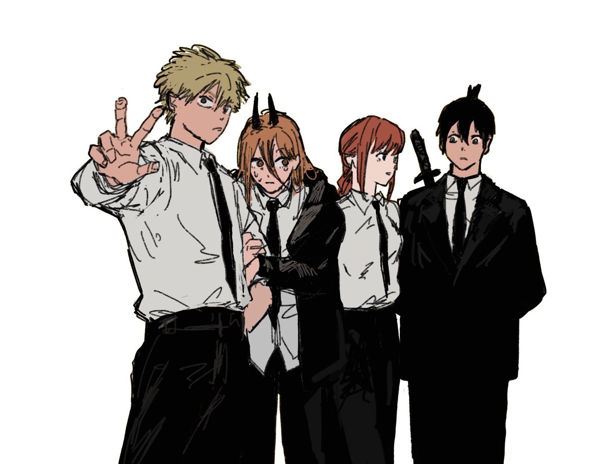 denji (chainsaw man) ,hayakawa aki ,makima (chainsaw man) ,power (chainsaw man) multiple girls multiple boys necktie black necktie shirt suit weapon  illustration images