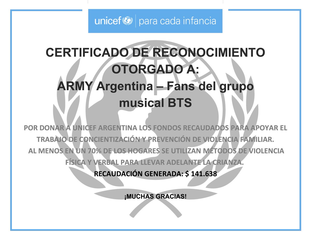 RiseOnBangtanAr's tweet photo. El mes pasado finalizamos el "Proyecto Love Myself en Argentina" para UNICEF y BTS, y con este certificado nos gustaría agradecerles a todxs por haber participado y apoyado el proyecto.

¡MUCHAS GRACIAS! 💜
#BTSxUnicefArgentina #BTS @BTS_twt https://t.co/HZzajZGGXN