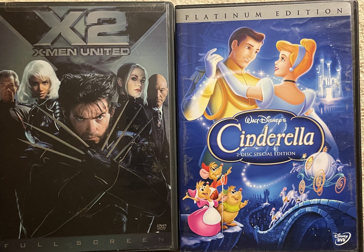 TheTJartist's tweet photo. #amwatching X2 X-Men United. A fun popcorn movie with cool leather costumes. Now watching Cinderella animated movie. Cinderella has beautiful graceful character design and a wonderful voice actor. The background paintings are my favorite. Detailed with rich colors. #usedDVD https://t.co/rDma8oUmJM
