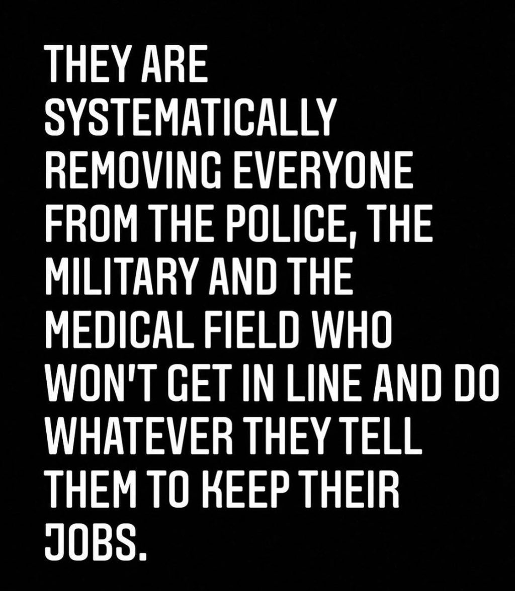 What is happening is wrong and will not lead to a good place. 

We are free to have difference of opinion even if you are police, military or health care professionals.

Open communication and dialogue before it’s too late.