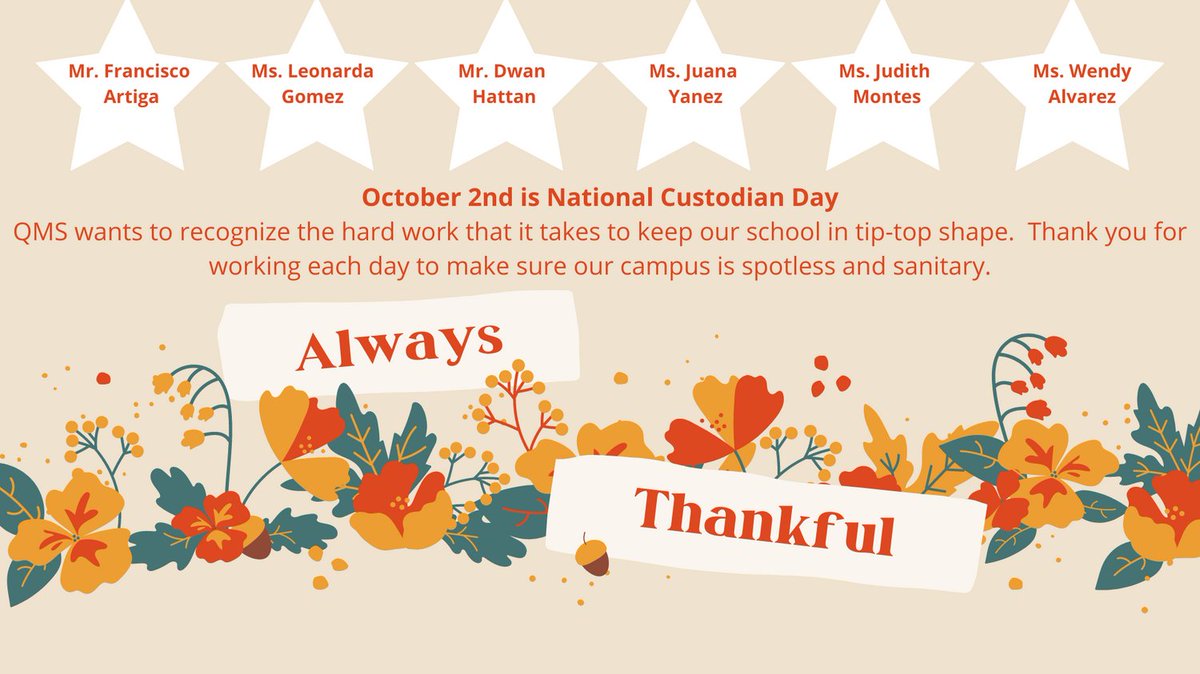MsLRoberson's tweet photo. #NationalCustodianDay is October 2nd. #QMSStars wants to sincerely thank our custodians for creating a safe and clean space for learning! Your efforts do not go unnoticed! @THuittDISD #DallasISDReady https://t.co/ICb0rf4oWs