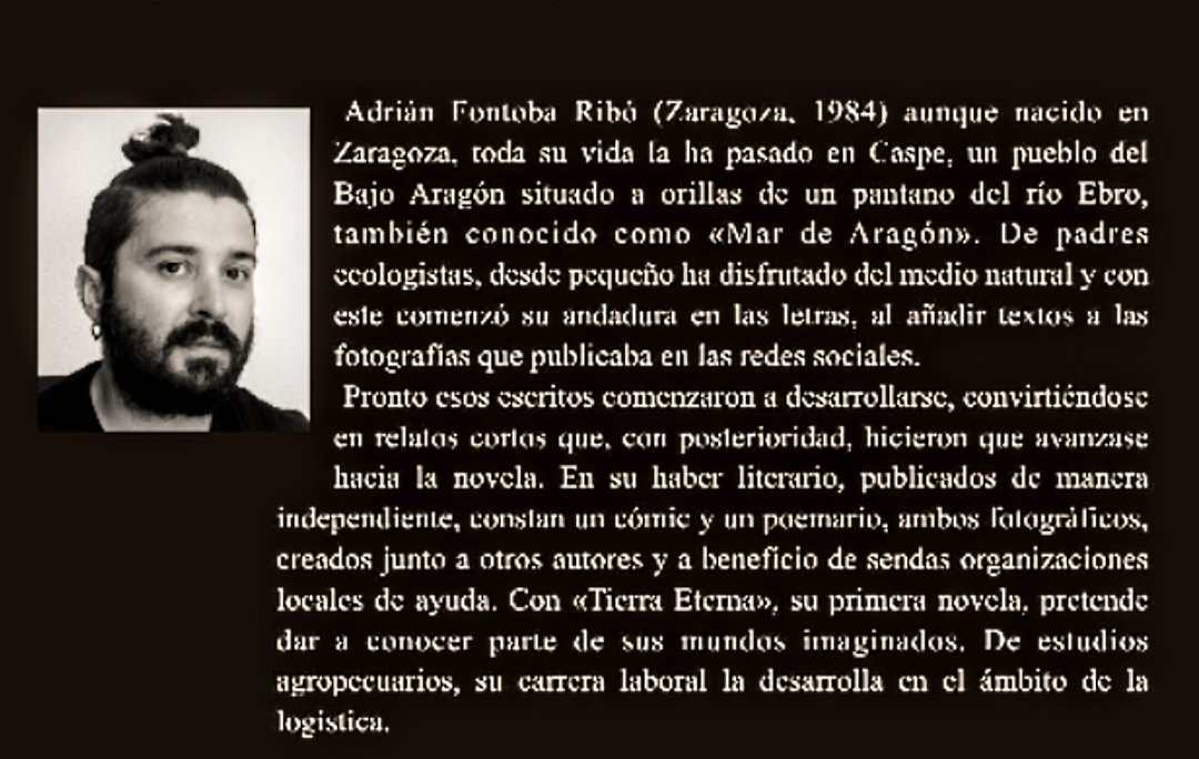 adrianfontoba's tweet photo. Os enseño un poco más, mi biografía, la que irá en la contracubierta de la novela.
Es difícil definirse en quince líneas, ser conciso también es un ejercicio de paciencia ¡En unos días desvelaré la cubierta! Abrazos🖤📖🖊️
#adrianfontobaribo #novelatierraeterna #edicionesatlantis https://t.co/RQzmBlli6u
