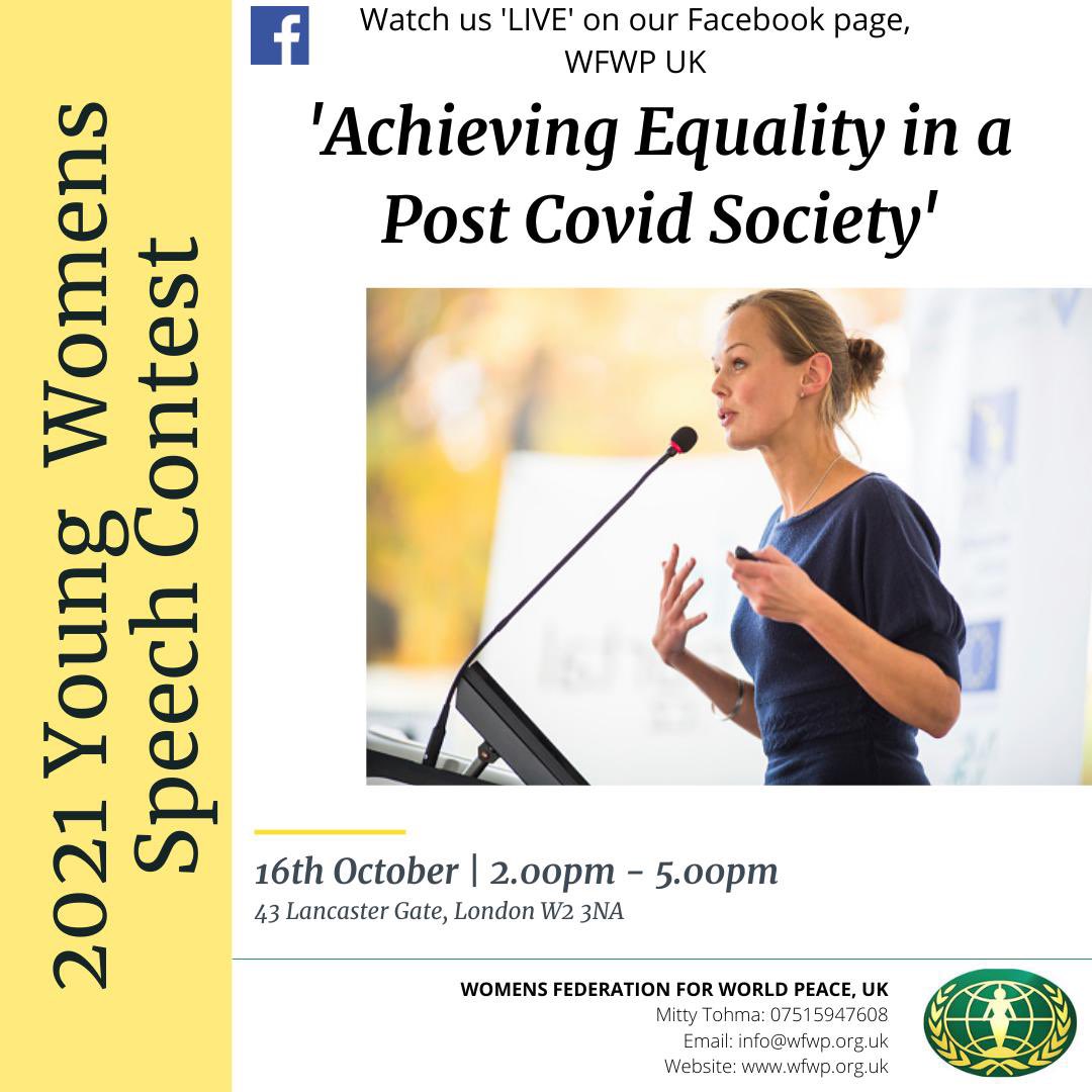 wfwpuk's tweet photo. Join us at our 2021 Young Women's Speech Contest on 16th of October or watch us LIVE on our WFWP UK Facebook page! 😀 https://t.co/4fwkq5l49j