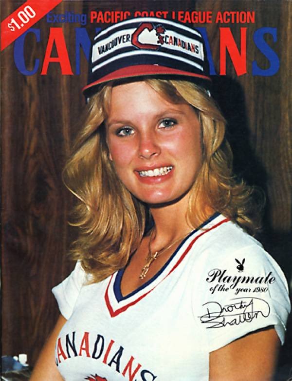 Playboy playmate, Dorothy Stratten, on the cover of the Vancouver Canadians...