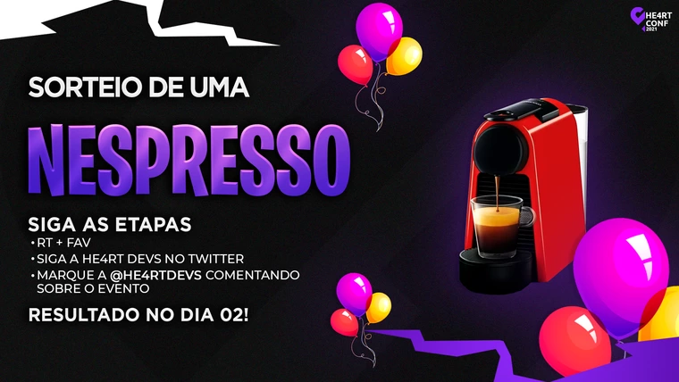 He4rtDevs's tweet photo. Para o 2º dia da #He4rtConf21 vai ter um SORTEIO exclusivo de uma Cafeteira Nespresso para você codar com cafézinho no estilo. Quer participar? 👇

- LIKE❤️ + RT♻️;
- Seguir @He4rtDevs;
- Marque @He4rtDevs comentando sobre o evento.

Amanhã em:
https://t.co/rr9Mbq9jPh https://t.co/iTvjcIOKmS