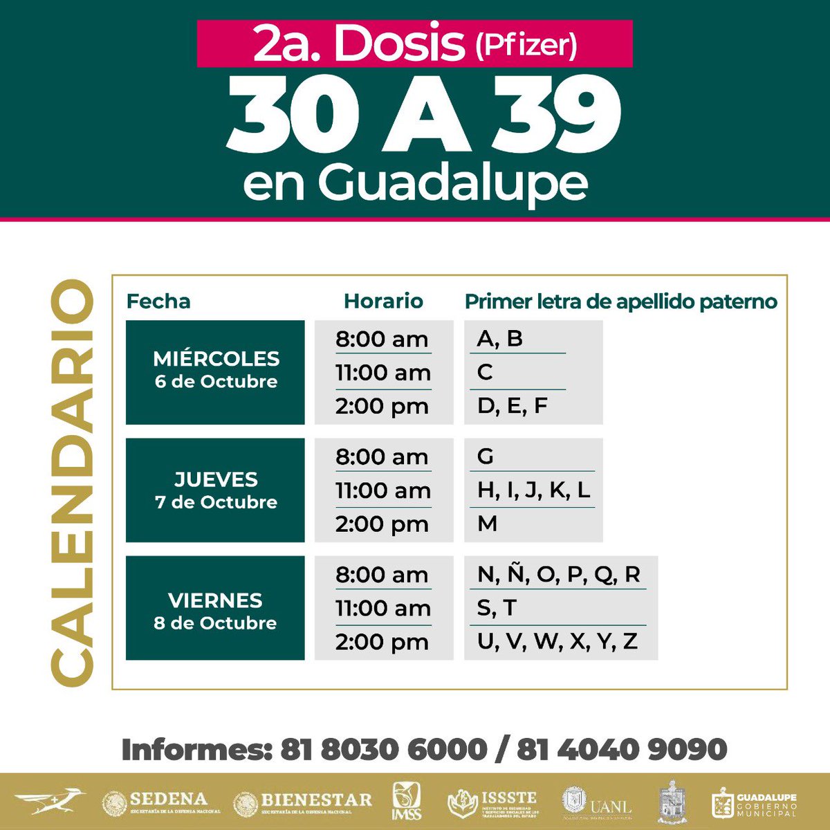municipiodegpe's tweet photo. INFORMACIÓN IMPORTANTE 

el próximo miércoles 6 de octubre inicia la aplicación de la segunda dosis de la vacuna #Pfizer para personas de 30 a 39 años, residentes de #Guadalupe. 

Les compartimos toda la información. https://t.co/RL5WziEkaB