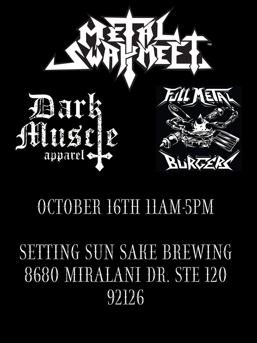 DarkMuscleSD's tweet photo. Hope to see you gremlins here. 
All ages welcome! 
We'll be vending alongside other great merchants!
Music by @DJKatonHirax &amp; when you guys work up an appetite, our rad friends over at @FullMetalBurger will replenish your dark souls to keep you going
SKÄL!!! https://t.co/j8jfRfokHC