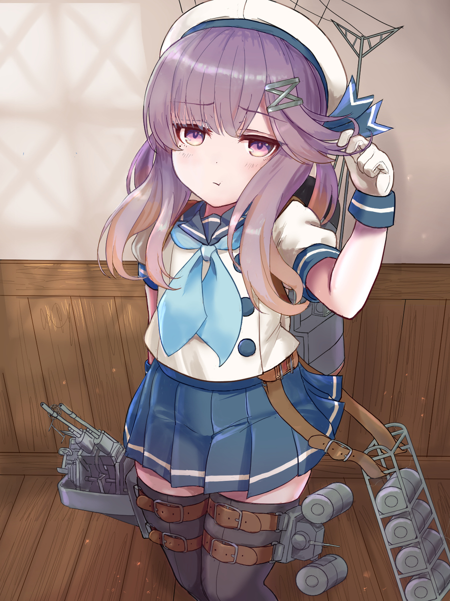 tsushima (kancolle) 1girl solo skirt school uniform hat serafuku purple hair  illustration images
