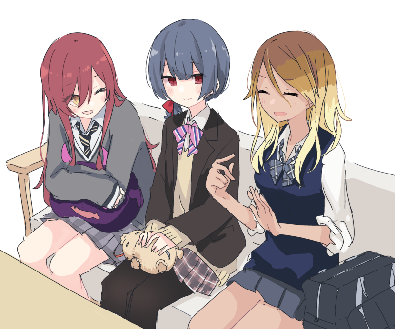 izumi mei ,morino rinze ,osaki tenka 3girls multiple girls school uniform one eye closed skirt sitting blonde hair  illustration images