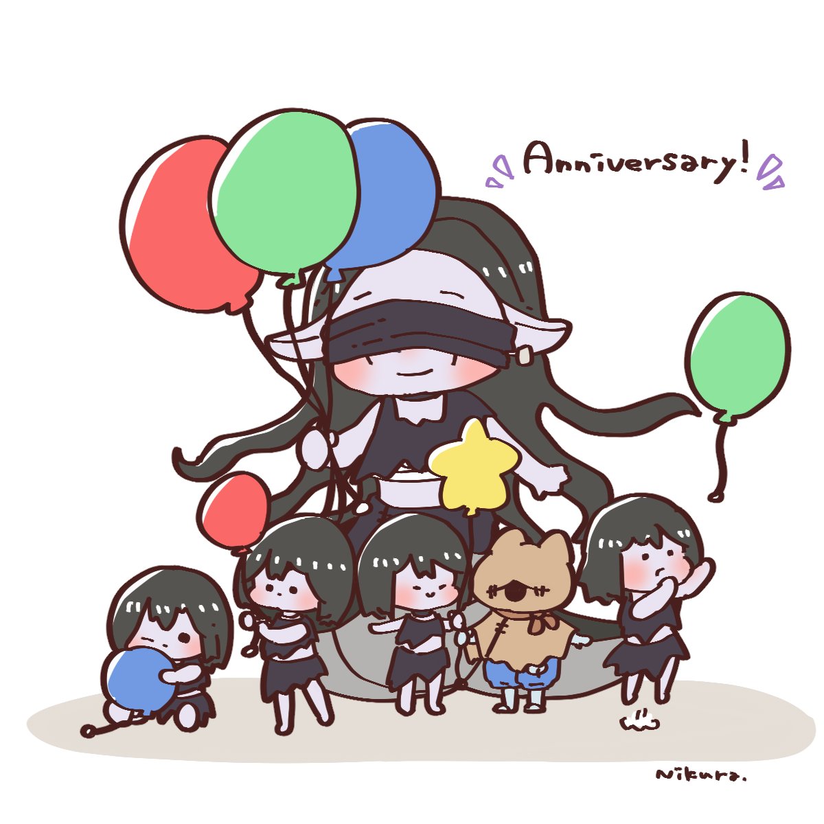 balloon multiple girls black hair colored skin smile blindfold chibi  illustration images