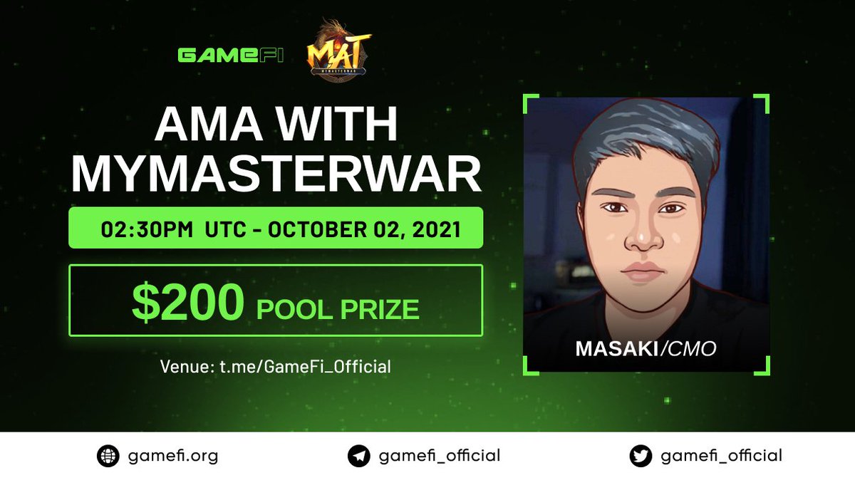 ✈️Upcoming AMA with <a href="/mymasterwar/">MyMasterWar</a> is heading to #GameFi community        

⏳Time: 2:30 pm UTC, Oct 2
💵Reward: $200 pool prize

Rules:
1⃣Follow <a href="/GameFi_Official/">GAMEFI.ORG</a> &amp; <a href="/mymasterwar/">MyMasterWar</a>
2⃣Like &amp; Retweet &amp; drop ONE question  
3⃣Join t.me/GameFi_Official

 $GAFI