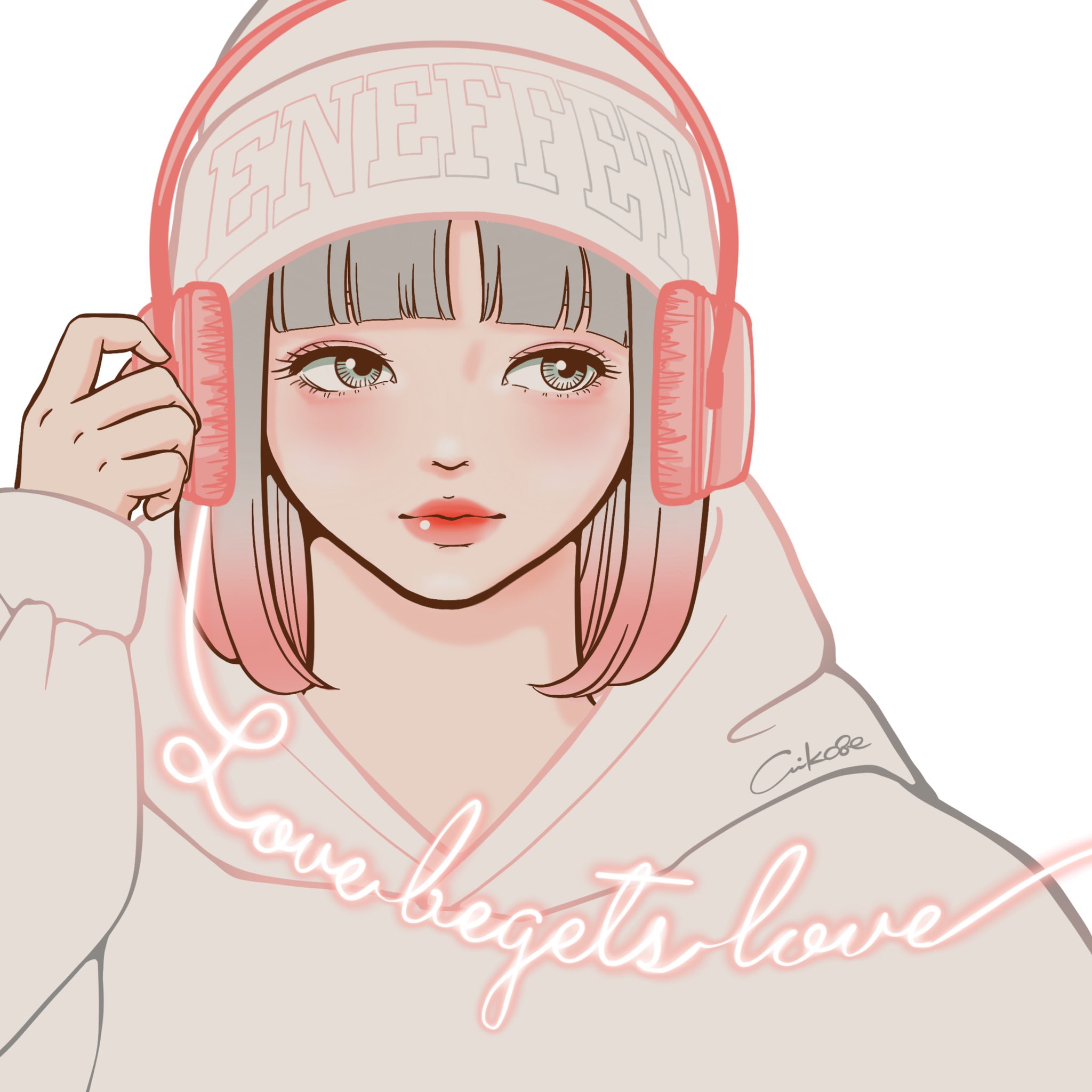 Chikage Eneffet Love Begets Love 愛は愛を生む ヘッドホン 音楽 パーカー女子 パーカー タイポグラフィー イラストグラム クリエイター イラスト イラストレーター 落書き イラスト好きな人と繋がりたい 女の子イラスト ガールズ