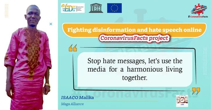 StopHate_Speech's tweet photo. Stop hate messages, let's use the media for a harmonious living together.
------------------------------------------------------------------
𝐈𝐒𝐀𝐀𝐂𝐎 𝐌𝐚𝐥𝐢𝐤𝐚 from 𝑀𝑎𝑔𝑎 𝐴𝑙𝑙𝑖𝑎𝑛𝑐𝑒
#CoronavirusFacts
#StopHateSpeech
@EdukMedia https://t.co/w31gzTEHXV