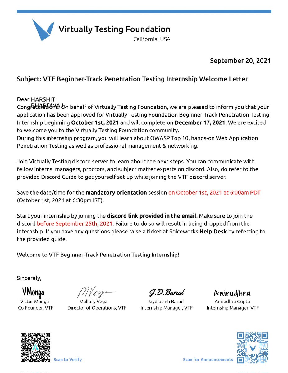Hey Connections!!

I am so excited to say that I am selected for Penetration Testing Internship at Virtually Testing Foundation.

Thanks #virtuallytestingfoundation for providing me this opportunity of #penetrationtesting.
#internship #connections #testing #ethicalhacking #hacke