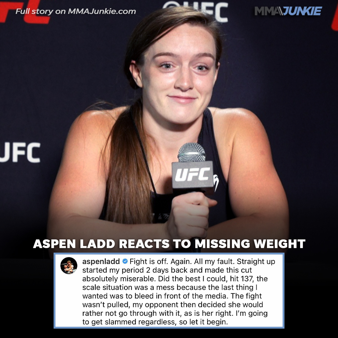 MMAJunkie's tweet photo. Aspen Ladd explains the circumstances around her weight miss, canceled fight with Macy Chiasson.

#UFCVegas38 | Full story: https://t.co/AQJ4JByF2Z https://t.co/GhtwhJ5Brh
