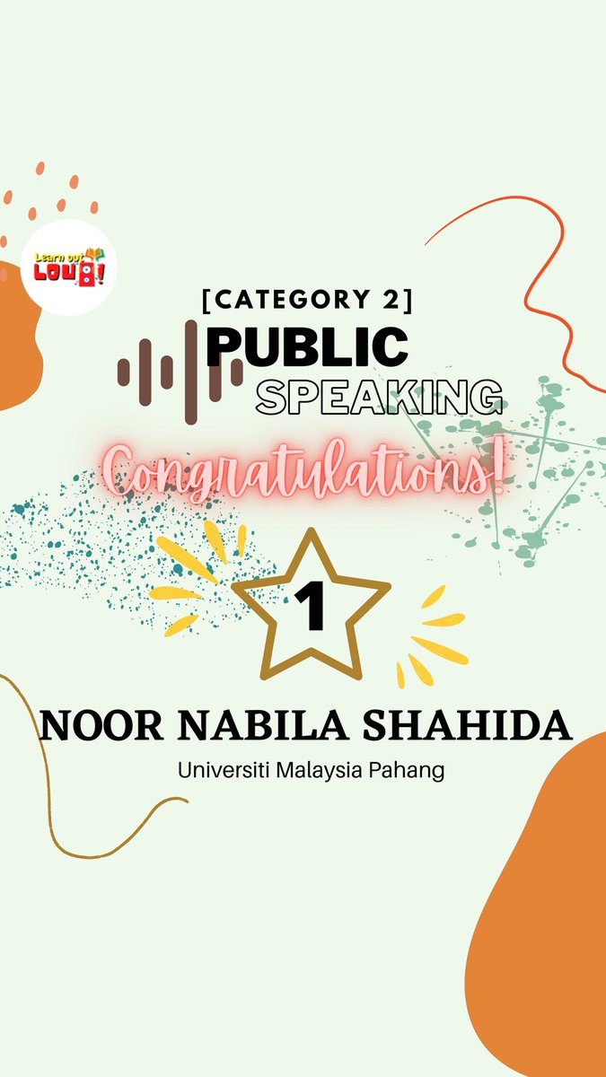 learnoutloudutp's tweet photo. 🏆 [WINNER ANNOUNCEMENT] 🎉
Public Speaking Competition (Cat-2)

Congratulations to all winners! 🥳

We would like to express our gratitude to all participants! We thank you for your continued support! 💪🏻

Check out our IG page to watch their videos!
https://t.co/sqWALfFnMQ https://t.co/p9stVZicpI