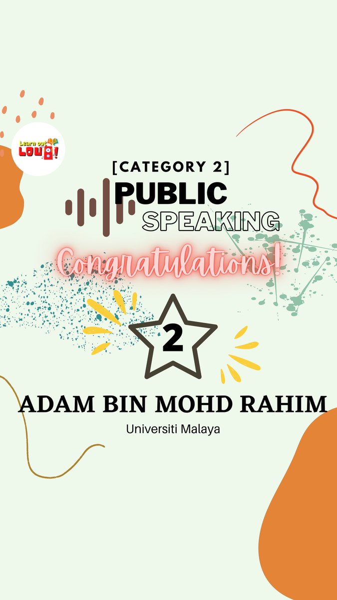 learnoutloudutp's tweet photo. 🏆 [WINNER ANNOUNCEMENT] 🎉
Public Speaking Competition (Cat-2)

Congratulations to all winners! 🥳

We would like to express our gratitude to all participants! We thank you for your continued support! 💪🏻

Check out our IG page to watch their videos!
https://t.co/sqWALfFnMQ https://t.co/p9stVZicpI