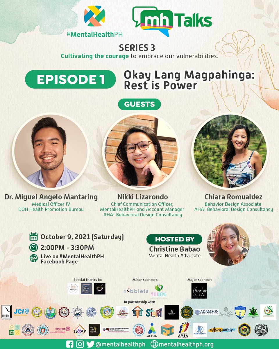 mentalhealthph's tweet image. Let&apos;s #CultivateCourage to take a break from the pressures of the world. 

Samahan mo kami sa unang episode ng #MHTalks: Okay Lang Magpahinga: Rest is Power on October 9, 2:00 - 3:30PM.

PS. Walang deadline ang pag-hilom.
Okay lang kung gusto mo muna huminto. 🤗