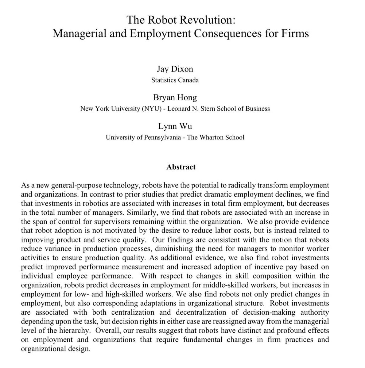 emollick's tweet image. The jobs robots threaten are not the ones you expect: middle managers are actually at risk. High &amp;amp; low skilled employment INCREASES with more general purpose robots, but, as robots don’t need supervision, an entire level of management becomes unnecessary. papers.ssrn.com/sol3/papers.cf…