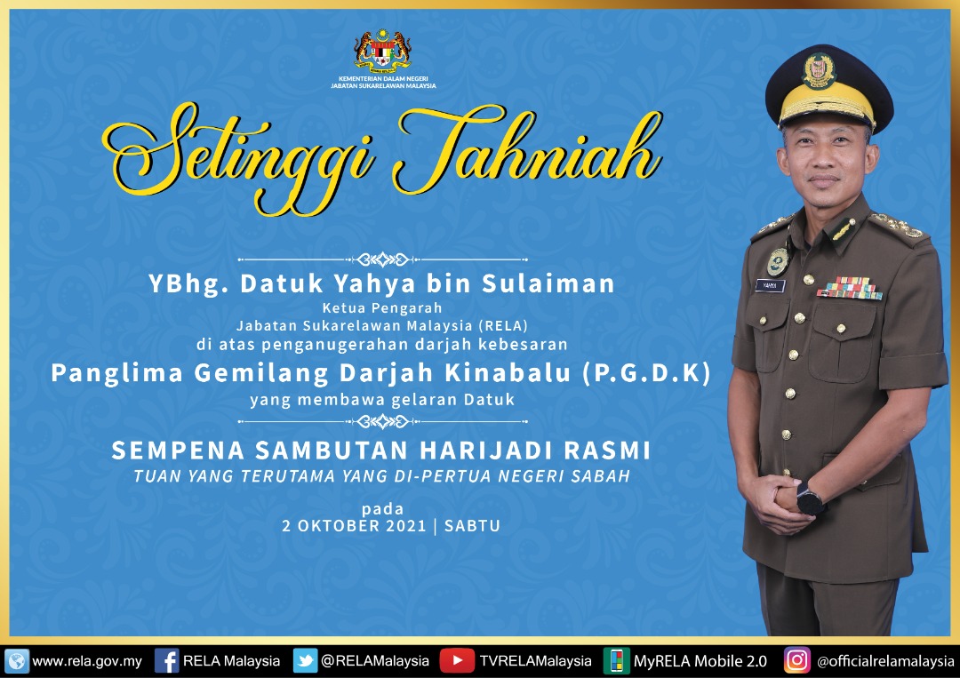 2 Okt 2021 | Sabtu :
Skalung tahniah dr kami buat YBhg. Datuk Yahya Sulaiman, KP RELA, ats penganugerahan darjah kebesaran Panglima Gemilang Darjah Kinabalu (PGDK) sempena HariJadi Ke-68 TYT YDP Negeri Sabah.
<a href="/KDNPUTRAJAYA/">KDN🇲🇾</a> <a href="/dhzhamzah/">Hamzah</a> <a href="/IsmailSaid087/">DS Dr. Ismail Mohamed Said</a> <a href="/wandahlan/">Wan Ahmad Dahlan</a> <a href="/yahyakgc/">Yahya Sulaiman</a> <a href="/SazaliZin/">Mohd Sazali Mohd Zin</a>