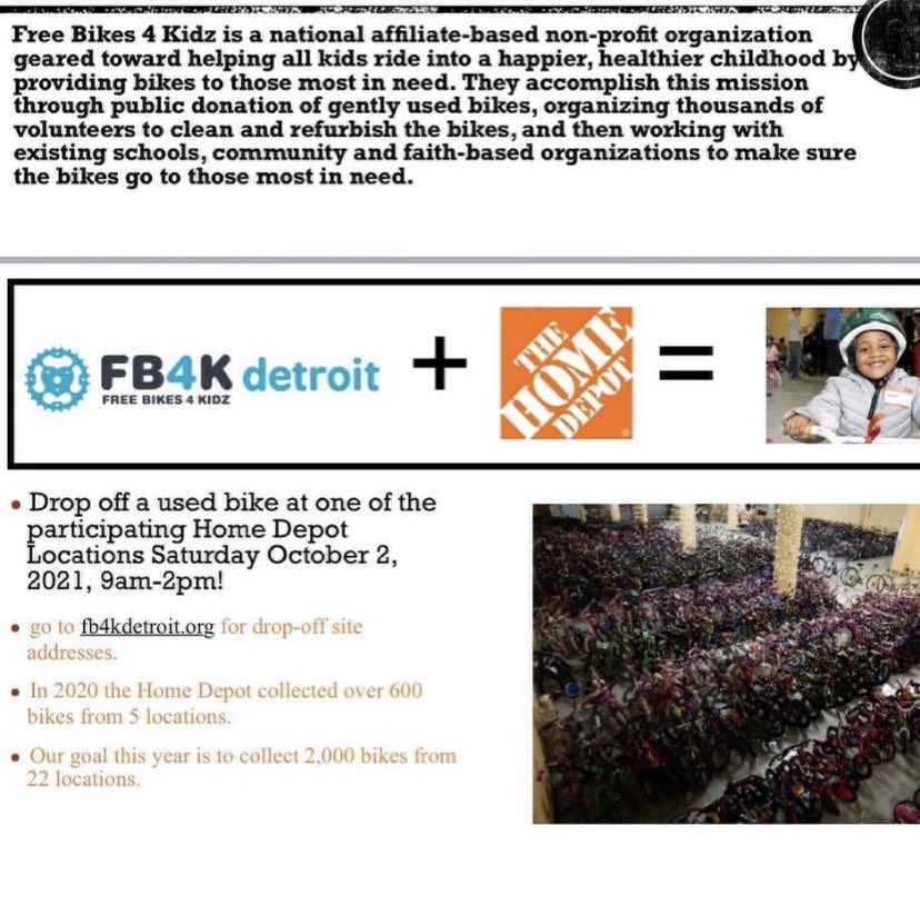 Kammie (@kammiegio) on Twitter photo Today is the day🚴. Drop off any used bike to several of our Michigan Home Depots for Free Bikes For Kids. Bikes will go to local kids in need 🚴🚴🚴. <a href="/HDISMIDWEST/">HDIS MIDWEST</a> <a href="/fb4kdetroit/">fb4kdetroit</a> Today is the day🚴. Drop off any used bike to several of our Michigan Home Depots for Free Bikes For Kids. Bikes will go to local kids in need 🚴🚴🚴. <a href="/HDISMIDWEST/">HDIS MIDWEST</a> <a href="/fb4kdetroit/">fb4kdetroit</a>