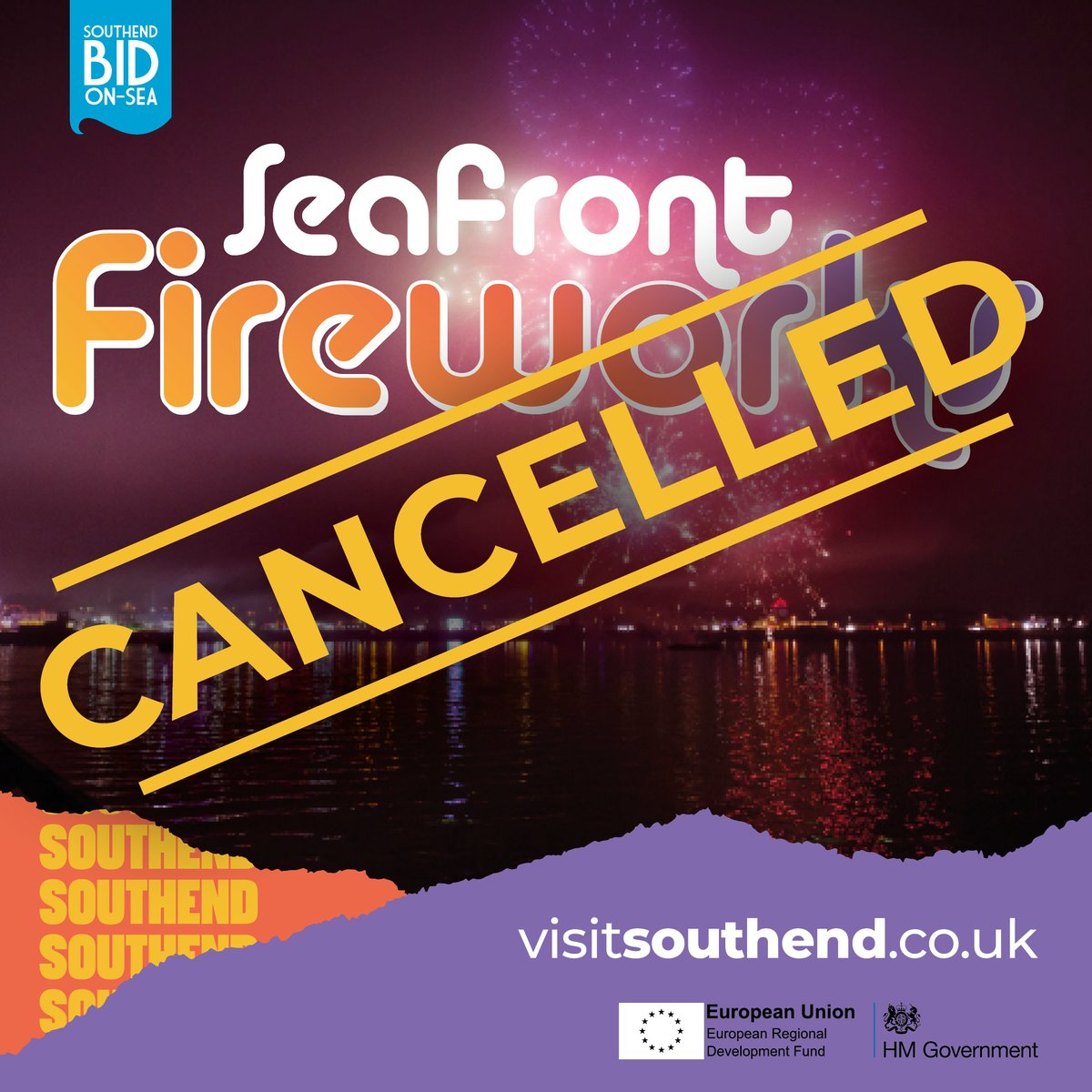 VisitSouthend's tweet photo. *** FIREWORKS CANCELLED ***
We're disappointed to announce that due to the bad weather, TONIGHT'S @southendbid's Seafront Fireworks have been CANCELLED. 😔😔
Hopefully the weather will improve and the fireworks will be back with a bang next Saturday. Hope to see you there! https://t.co/kRcOhE8xVP