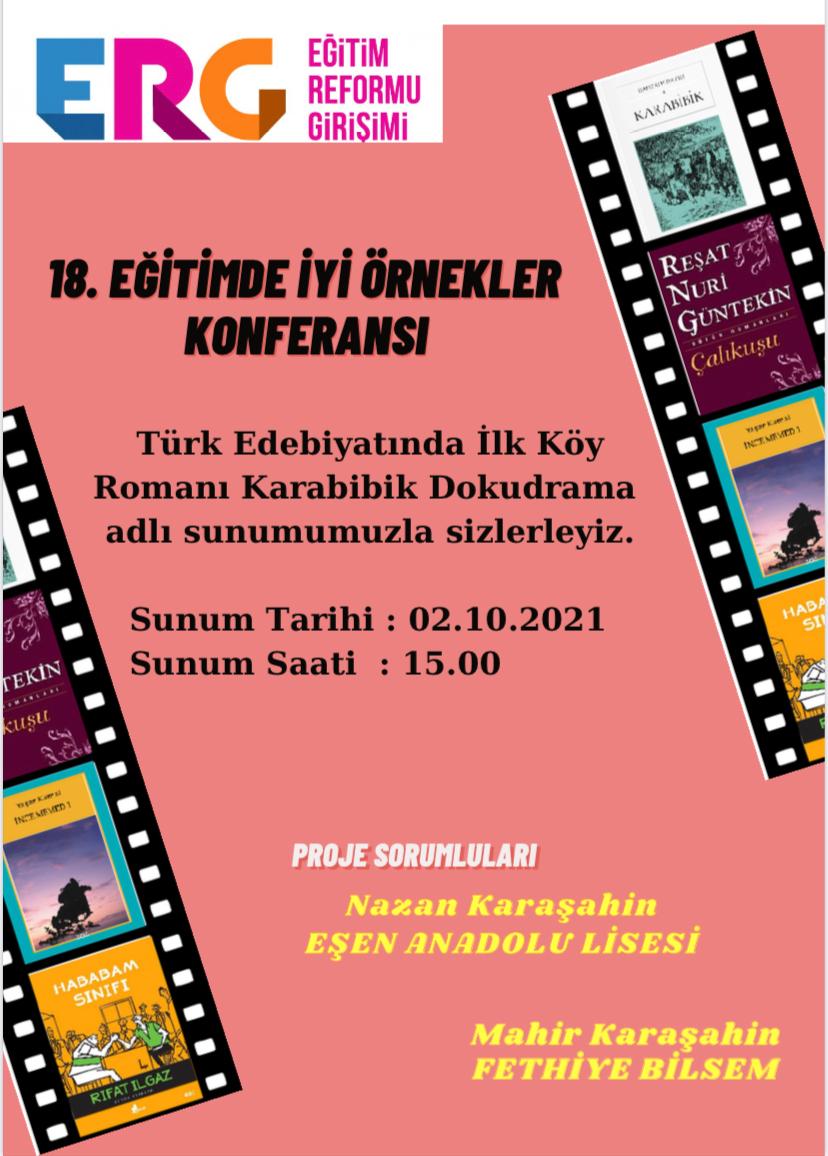 TDE Öğretmenimiz Nazan KARAŞAHİN, Sabancı Üni. tarafından desteklenen 18. Eğitimde İyi Örnekler Konferansı'na sunduğu Karabibik Dokudrama adlı eseriyle 596 eser arasından ilk 51 içine girerek sunum hakkı kazanmıştır. Sunum ERG sayfalarından canlı izlenebilir.<a href="/emrecay55/">Emre ÇAY</a> @SanFerah