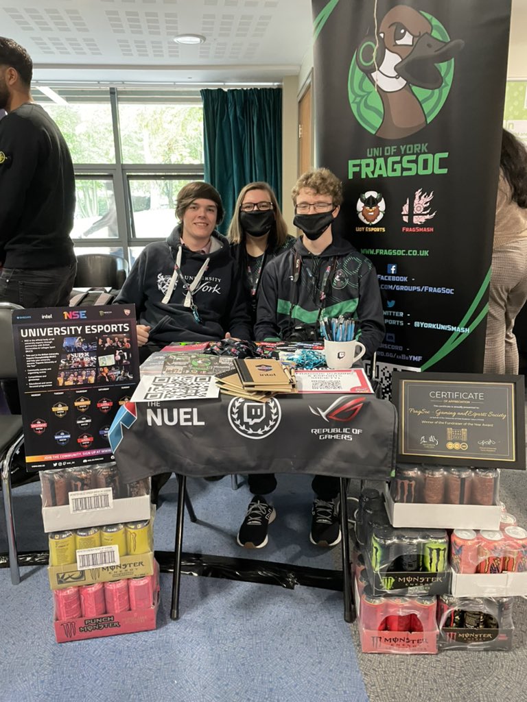 UoYEsports's tweet photo. We’re over at table 30 in the Roger Kirk Centre for Fresher’s Fair! Come visit us to talk about joining our society and receive some free merch sent to us from @nse_gg, @theNUEL and @MonsterGaming! https://t.co/vr23ENXWhG