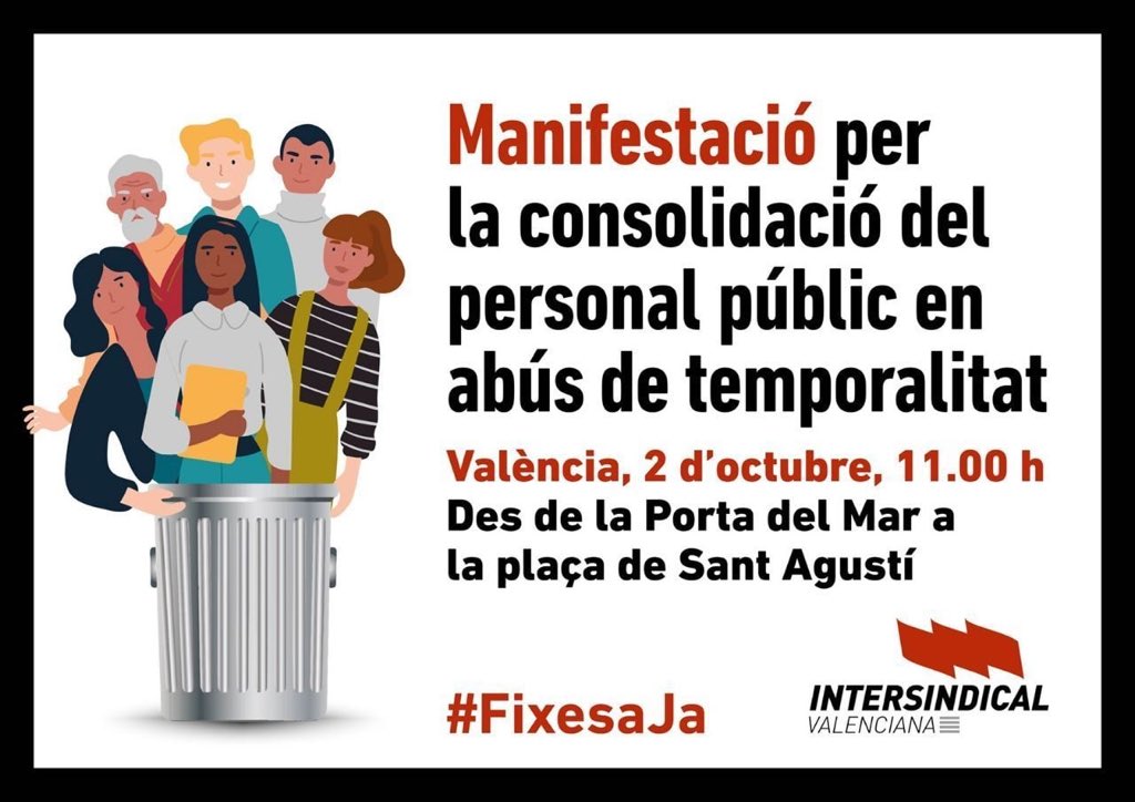 ManuSalutIV's tweet photo. 📣MANIFESTACIÓ per la consolidació del personal públic en abús de temporalitat a #València #2_O 11🕚
#Fijezaxley
Les persones 👉NO SOM D’USAR I TIRAR #EnLluita 
#FixesaJa #FijezaYaEsConstitucional #FijezaYa
@IntersindicalV @STEPV_Iv
@CoordLey @ceppt2021
@INTERACCAYTOVLC
@iv_stas https://t.co/kW9HfCPN38