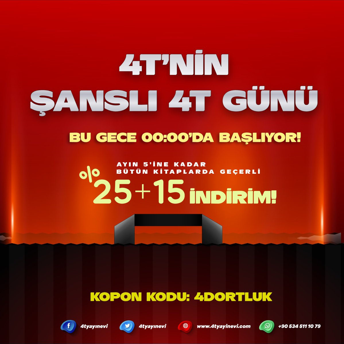 4T Yayınevi (@4tyayinevi) on Twitter photo ÇEKİLİŞ📌Retweet yapan 2 kişiye 'Son 4 Yıl KPSS Çıkmış Sorular Seti' HEDİYE. Her ayın 4’üne özel geleneksel ŞANSLI 4T GÜNÜ %25 + % 15 indirimimiz bu günden BAŞLADI. Alanının en iyi yayınlarını en uygun fiyata alma fırsatı kaçırmayın. KOD:4DORTLUK
<a href="/4takademiankara/">4t Akademi Ankara</a> <a href="/YukselBilgili/">Yüksel BİLGİLİ</a> ÇEKİLİŞ📌Retweet yapan 2 kişiye 'Son 4 Yıl KPSS Çıkmış Sorular Seti' HEDİYE. Her ayın 4’üne özel geleneksel ŞANSLI 4T GÜNÜ %25 + % 15 indirimimiz bu günden BAŞLADI. Alanının en iyi yayınlarını en uygun fiyata alma fırsatı kaçırmayın. KOD:4DORTLUK
<a href="/4takademiankara/">4t Akademi Ankara</a> <a href="/YukselBilgili/">Yüksel BİLGİLİ</a>