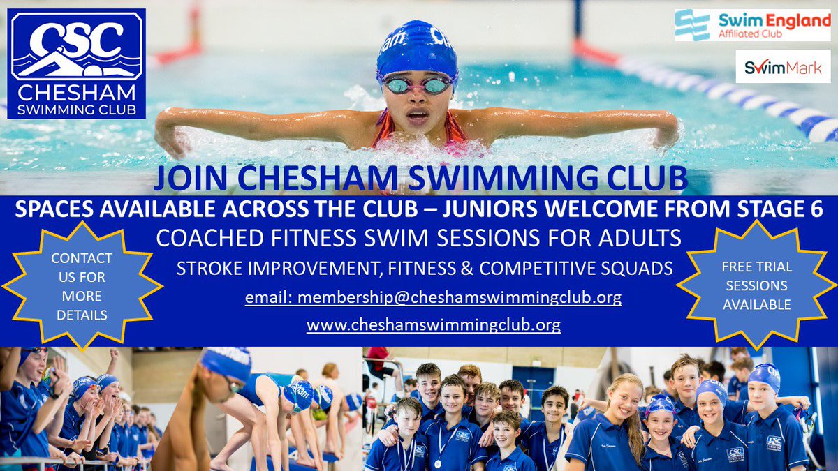 Free trial sessions available at <a href="/CheshamSC/">CheshamSwimmingClub</a> Juniors welcome from  stage 6 + coached sessions for  adults. Please spread the word!! <a href="/DCHS_SGO/">DCHS School Games</a> <a href="/MichaelIbbeson/">Michael Ibbeson</a> <a href="/leap/">Leap</a> <a href="/ActiveBucks/">@PHBucks</a> #Chesham