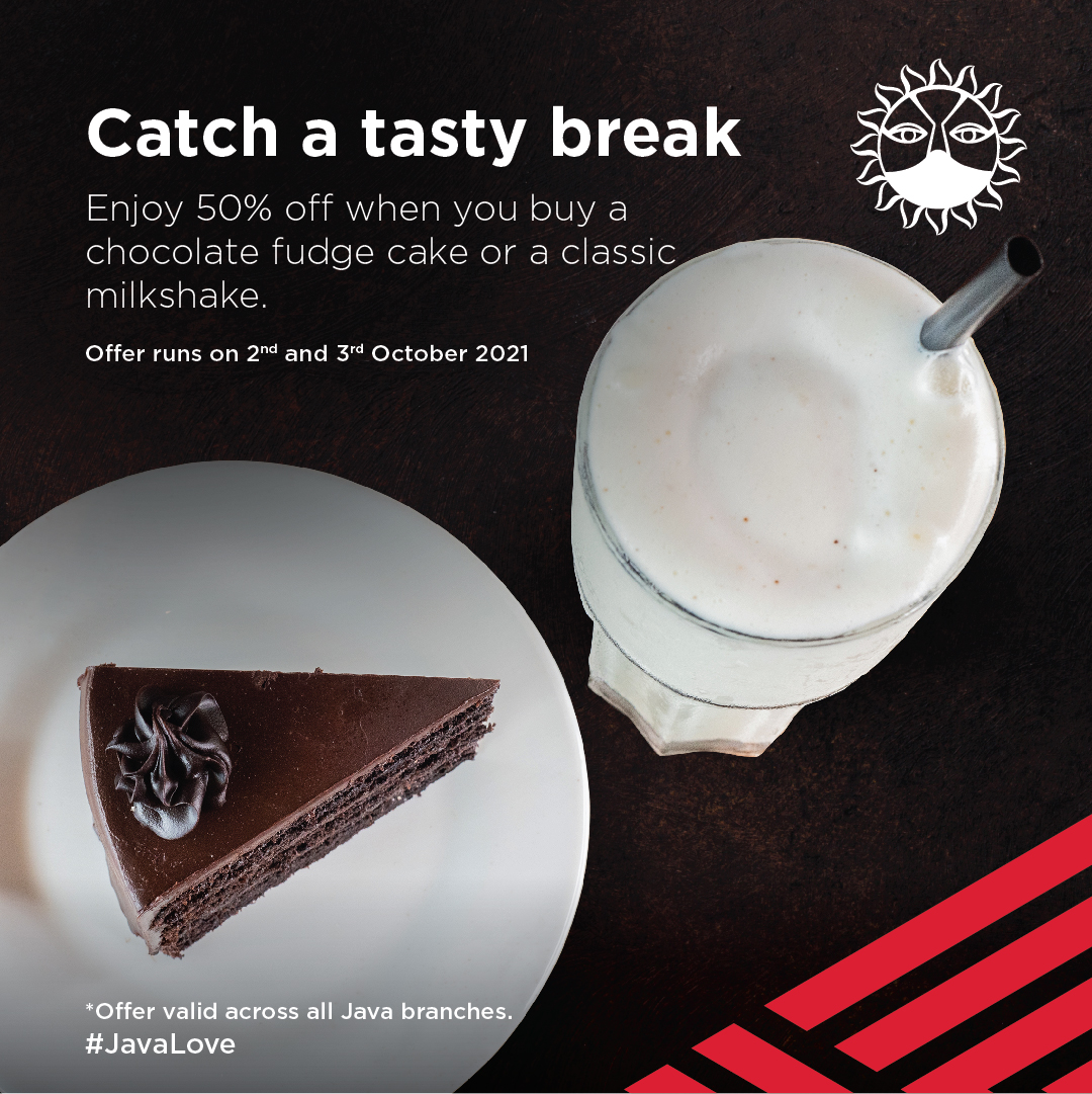 JavaHouseUG's tweet image. Catch a tasty break with the #JavaWave: 50% off on chocolate fudge cake & all classic milkshakes at Java Lugogo, Jinja, Acacia Place & Total Acacia and on delivery from Glovo and Jumia Food this weekend.
#JavaLove #JavaHouseUG
